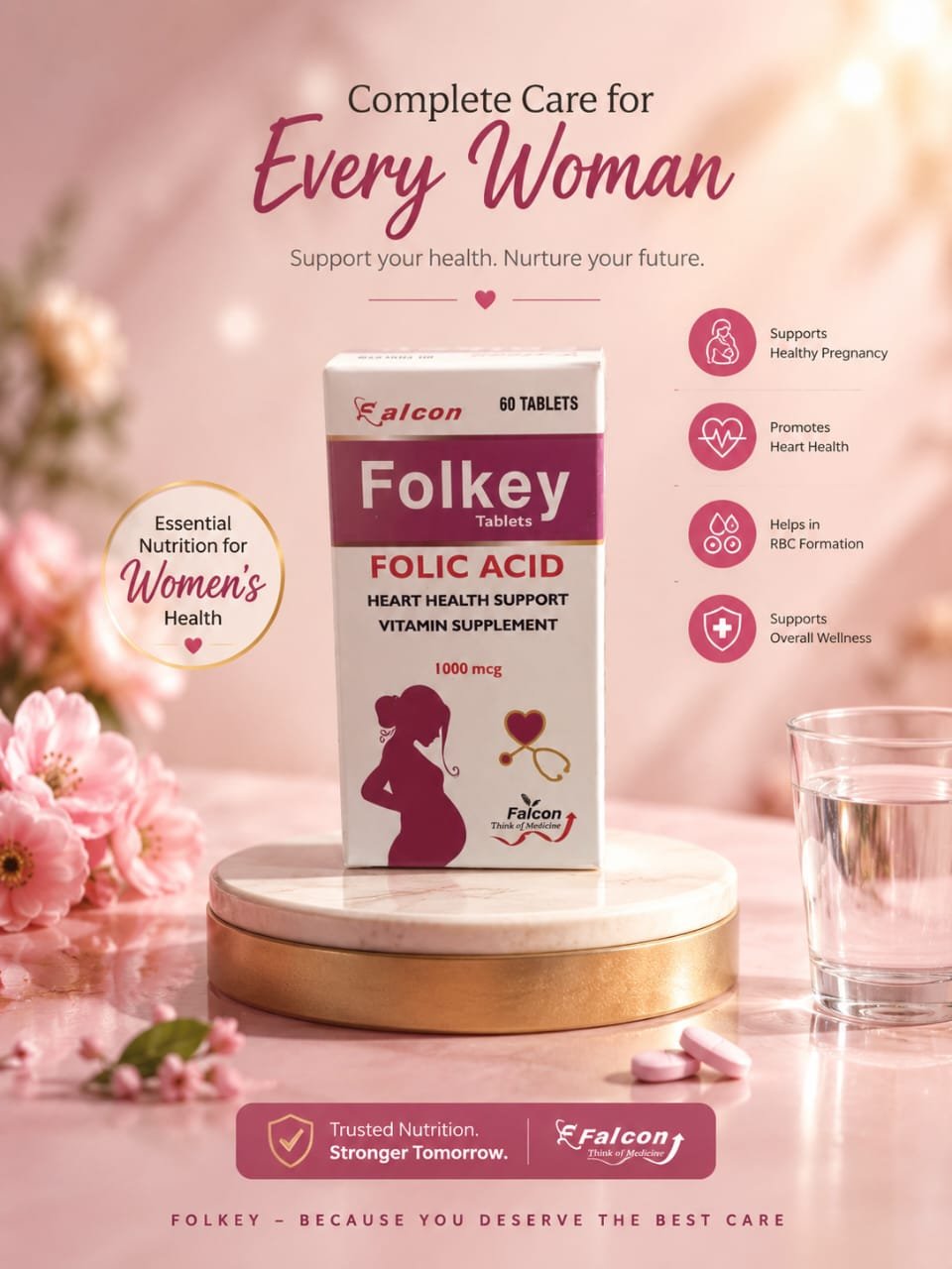 Falcon Folkey Folic Acid Tablets 1000mcg (60 Count) – Essential Women's Health & Pregnancy Support